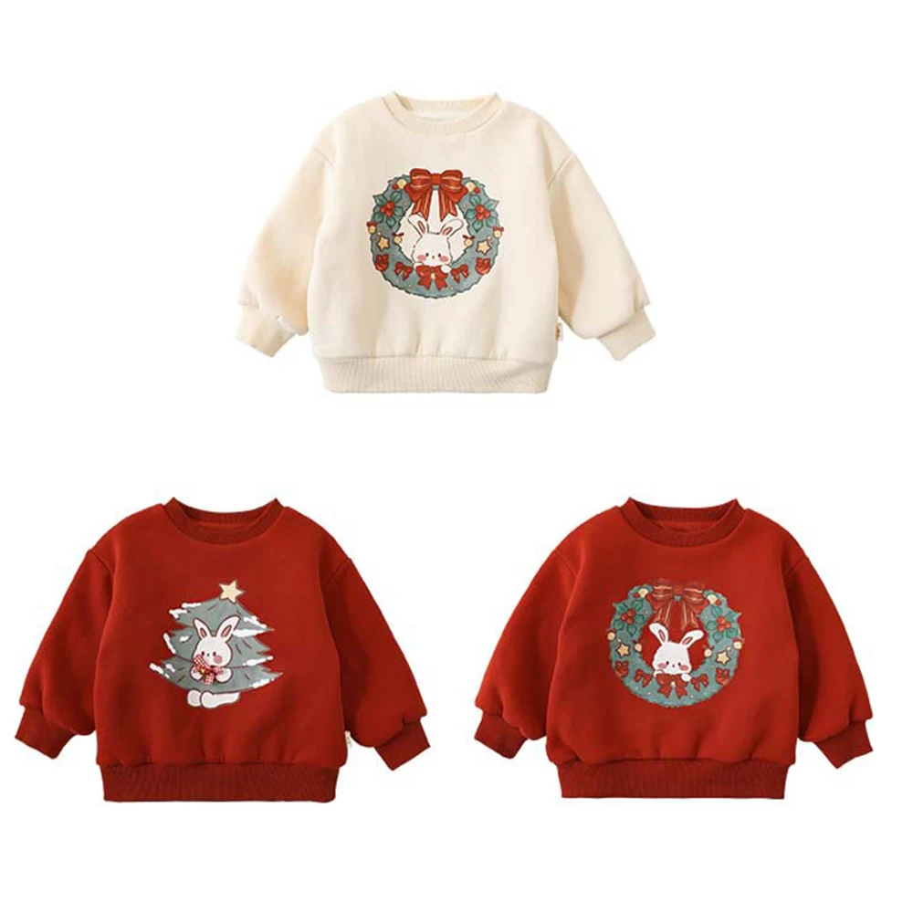 New Arrival Children Clothing Cute Cartoon Rabbit Print Winter Warm  Toddler Girls Fleece Top Pullover Kids Christmas Sweatshirt