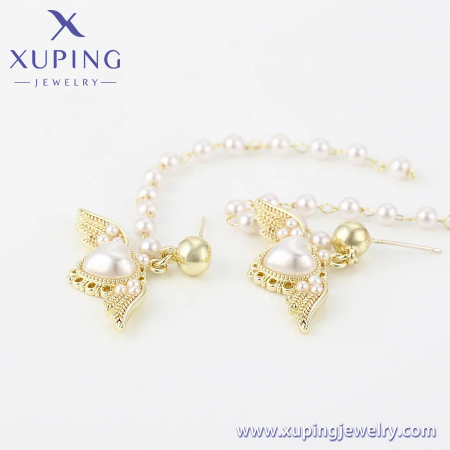 Earring-677 Xuping Jewelry Angel Heart Wings Plastic Bead Delicate Fringe Long 14K Gold Ladies Earring