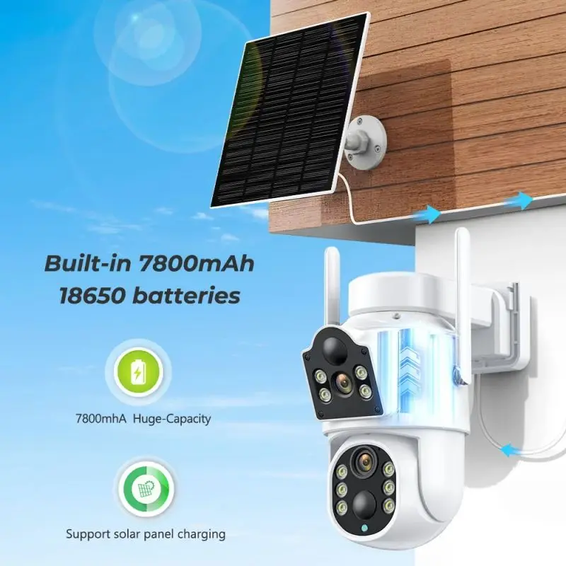 Icsee 4MP Wireless Solar Camera Dual lens WiFi PTZ Camera Outdoor Built-in 7800mAh Battery Auto Tracking Dual Lens Solar Camera