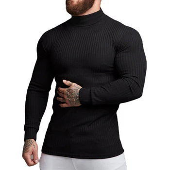 Wholesale Custom Logo Men's Long Sleeve T-shirt Muscle Gym Sports Workout Knitting Shirt  Turtle Neck Slim Men Knitwear Pullover