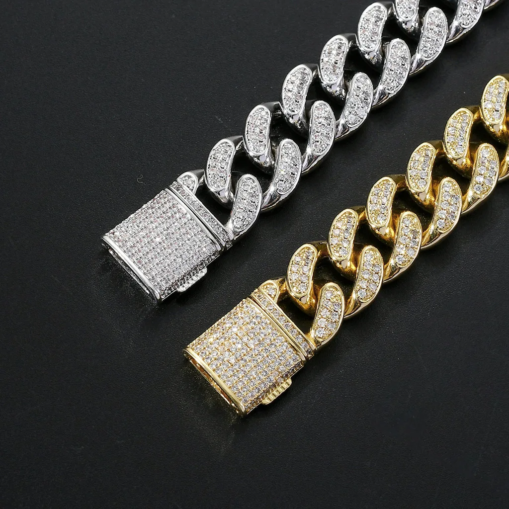 15mm 7" 8" copper brass gold silver cuban chain bracelet iced out cubic zircon,blingbling hip hop bracelet jewelry