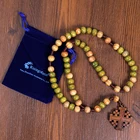 Wood Jerusalem Hot Selling Green Wood Beaded Handmade Knotted Catholic Rosary With Wooden Craving Cross Necklace