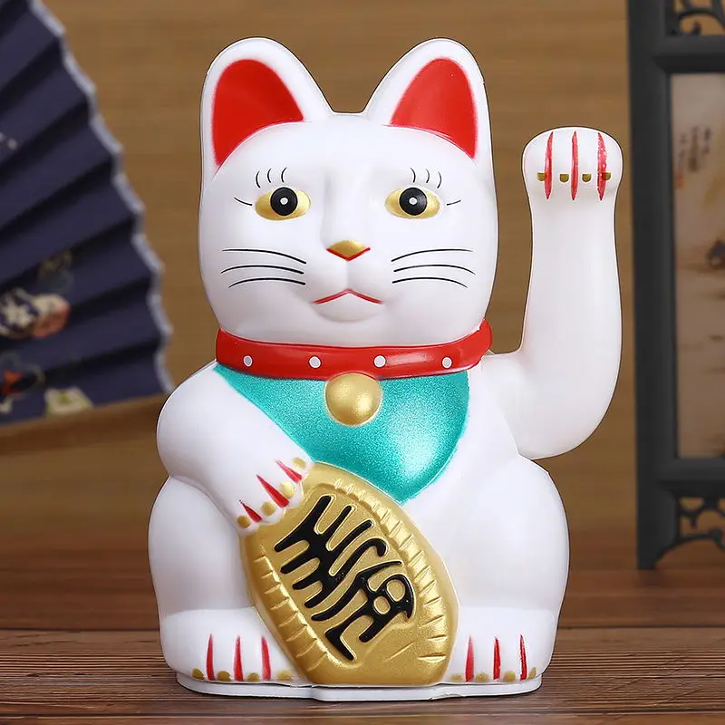 2 Small White & Gold Fortune Happy Cats Maneki Neko Solar Toys Home Decor Gifts 