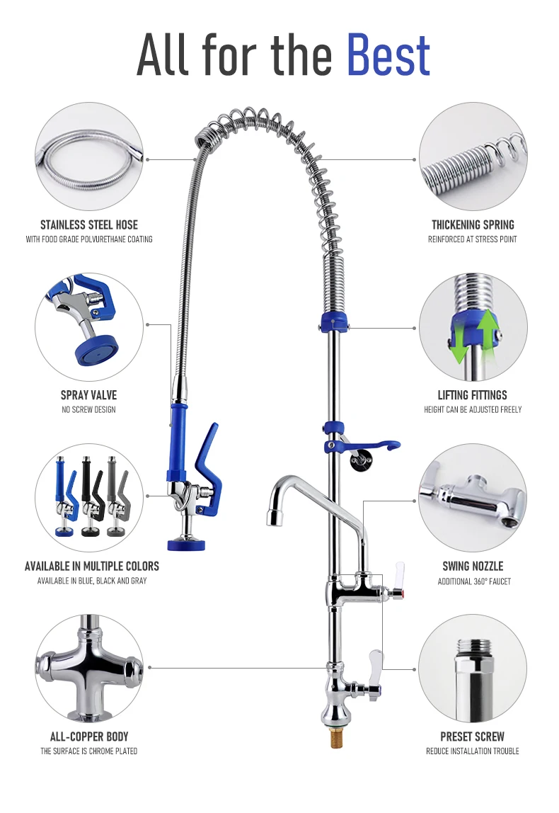 High Quality Chrome Commercial Pre Rinse Spring Pull Down Two Handle Kitchen Faucet with Sink Taps Deck Mount Swivel Faucets manufacture