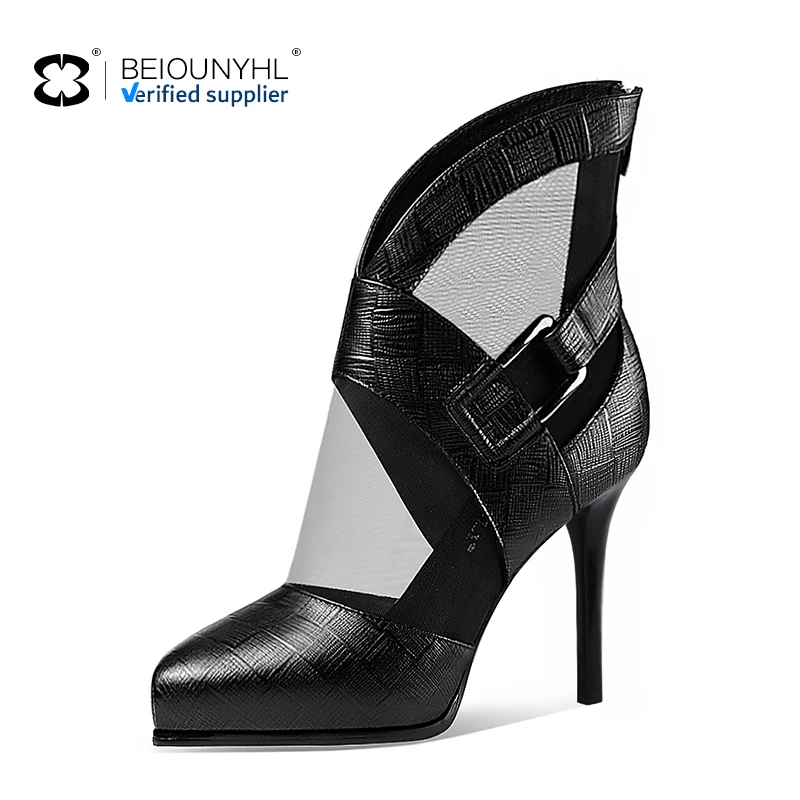 OEM Big Buckle Thick Heel Pointed Hollow Mesh Boots Summer New Pattern Leather Mesh Wrapped Stiletto High Heel Sandals Boots