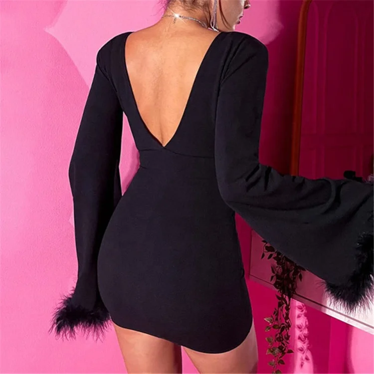 2023 Winter Wedding Party Dresses Feather V Neck Long Flare Sleeve Backless Solid Elegant Sexy Slim Mini Dress