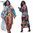 MOEN New Arrival Casual Long Sleeve Cloak Coat Shorts Print Womens 2 Piece Set