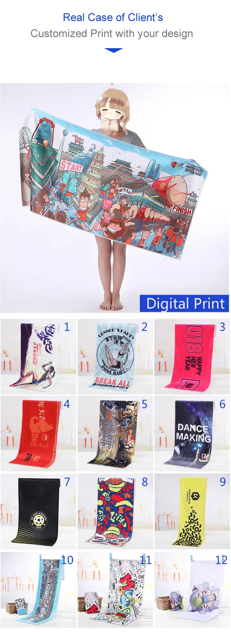 Rept OEM Manufacturer Sand Free Lightweight Custom Double Sides Print Microfiber Recycled Beach Towel