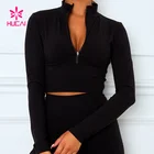 Top Casual Sporty Look Black Zipper Front Crop High Neck Tight Fit Long Sleeves Super Sexy Crop Top Women