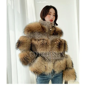 CX-G-A-06A Genuine Leather Flower Decora Natural Color Real Raccoon and Tweed Fur Coat Jacket Women