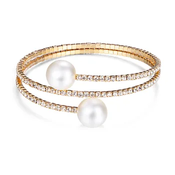 Gallant Bling Crystal Bangle Faux Pearl Cuff Open Gold Plated Wrap Bracelet