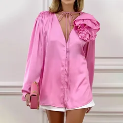 European and American design sense detachable pink collar flower shirt femininity high-end niche long-sleeved shirt