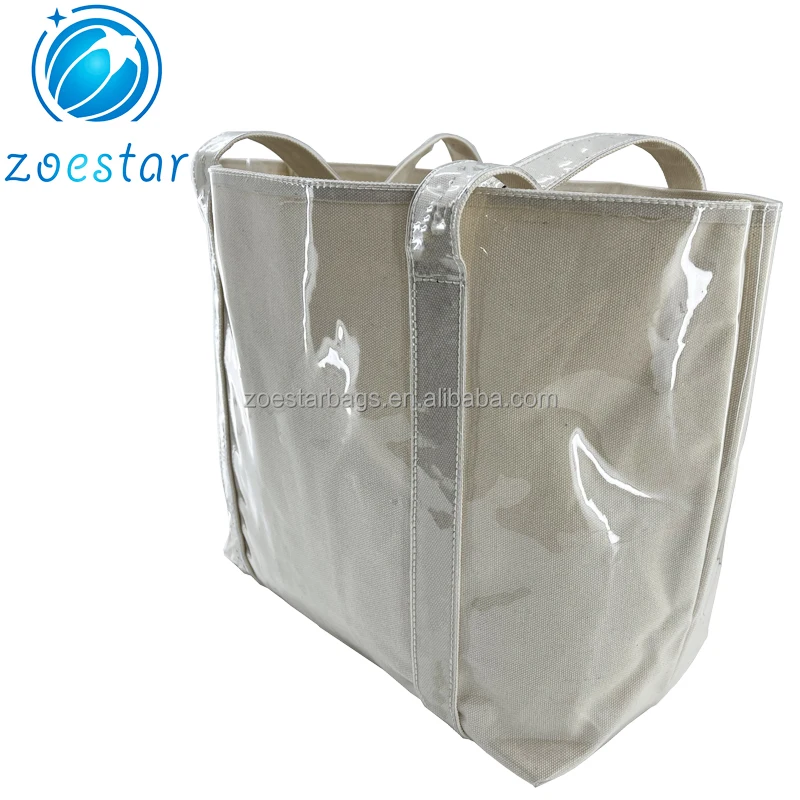 Special Design Canvas Shopping Bag with Full Transparant PVC Covering Supermarket Storage Bag Women Beach Totebag
