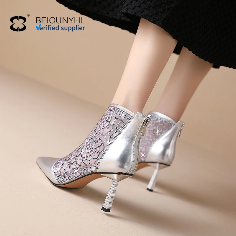 Hot -selling hollow lace air breathable mesh rhinestones mouth high -heeled women shoes sandals Women's boots
