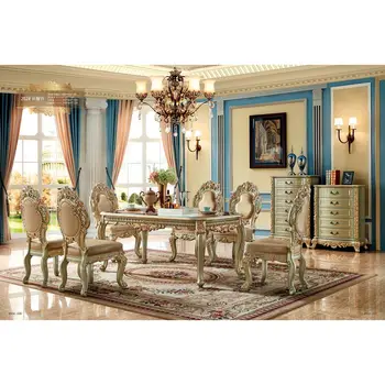 Dining Table and chairs set for dining room european antique square dining gold chairs and table set