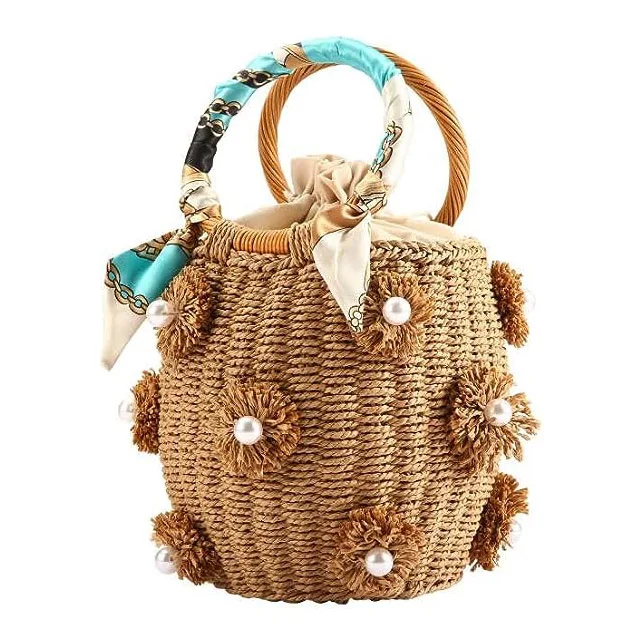 HUAYI 2023 Flower Pearls Rattan beach Bag straw Summer Beach Drawstring Straw Bucket Bag Diamonds Woven Handbag