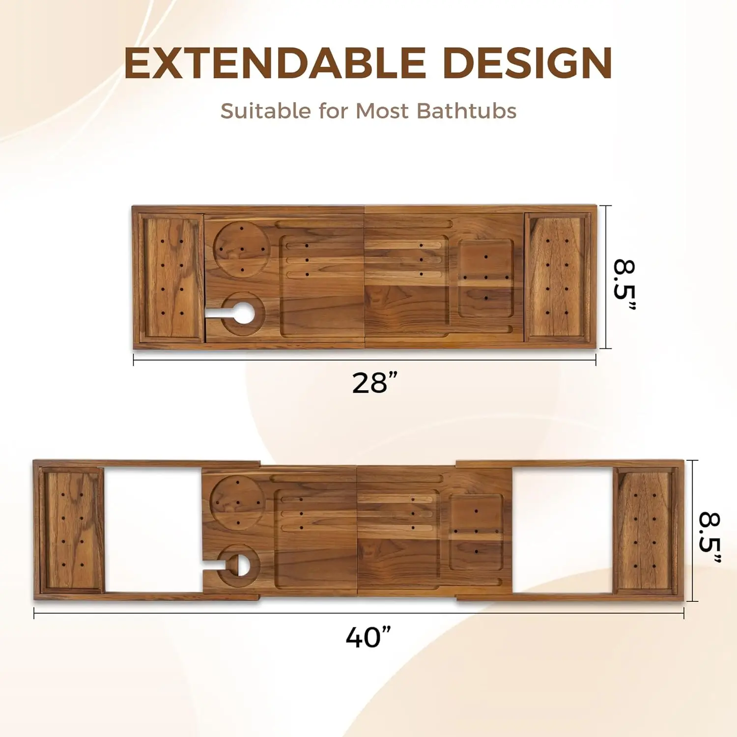 product luxury foldable bath tray teak bathtub tray with expandable handles wine glass and phone holders book stand-3