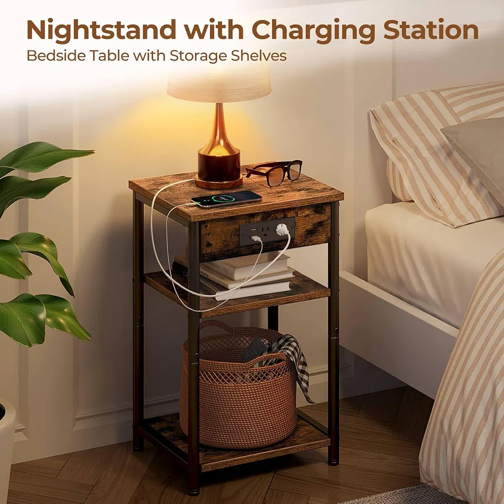 Modern Wood End Table with Charging Station Nightstand with 2 Storage Shelves Narrow Side Table with USB Ports and Power Outlets factory