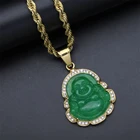 Carved Jade Pendant Stainless Steel Crystal Laughing Religious Maitreya Carved Jade Buddha Pendant Necklace
