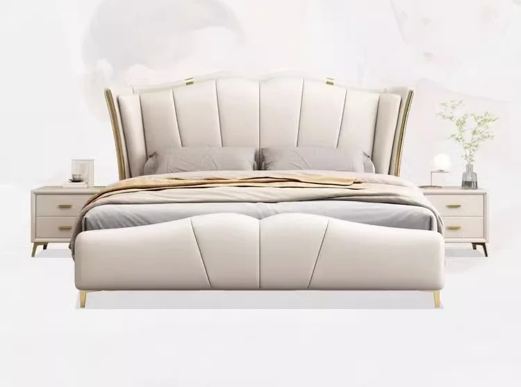 Wholesale New Designs Luxury King Size Modern Leather Bed Solid Wood Frame High Double Bed Upholstered Leather Headboard