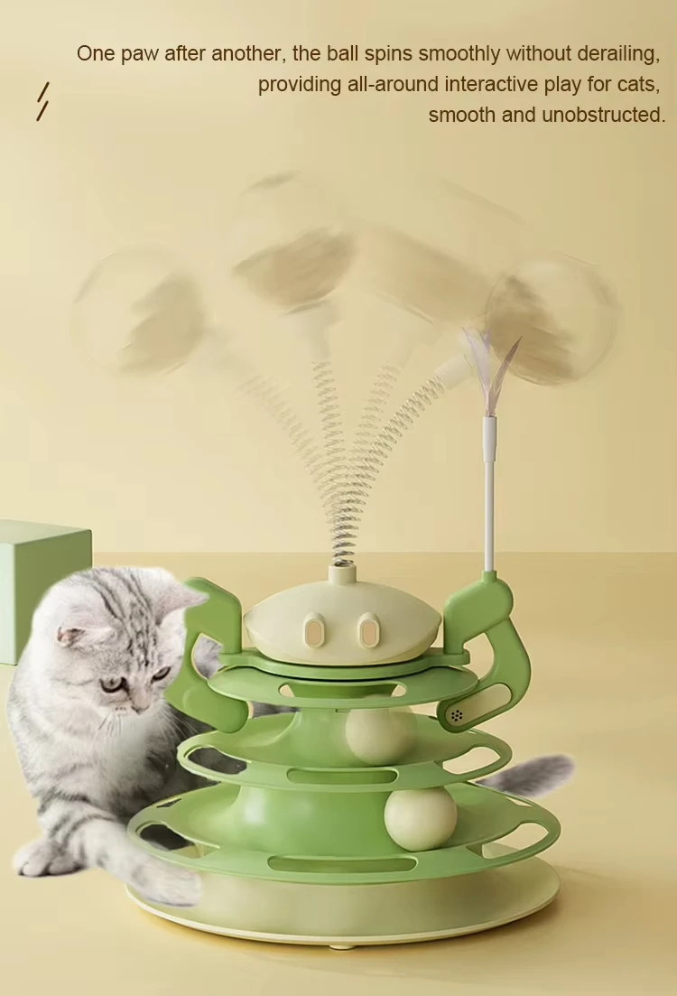 New 4-in-1 Cat Turntable Leaky Food Toy Jiggle Ball with Feather Teasing Stick Four-story Cat Tower Track Cat Toy Pet Products manufacture