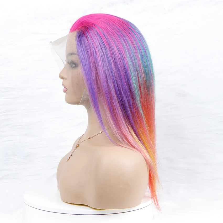 New Fashion Rainbow Color Transparent Lace Full Frontal Wig Colorful Seven Colors Ombre HD Lace Front Wig