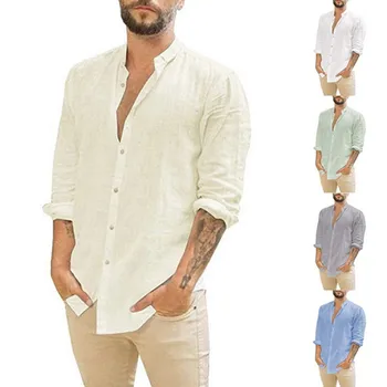 2021 New men pure color linen shirt leisure collar long sleeve blouse