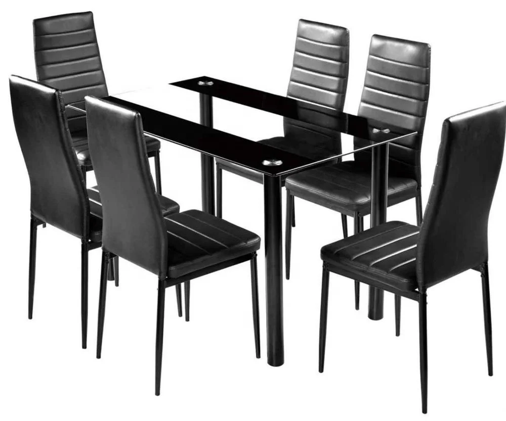 Wholesale dining room furniture dining table and chairs set tempered glass table and PVC chair