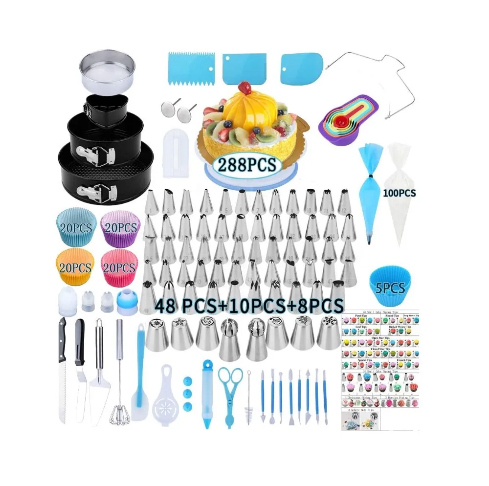 Valentine’s Day Gifts 100Piping Bags Cake Decorating Supplies 288 PCS Baking Supplies Kit with 3 Springform Pan Sets 58Icing Piping & 8Russian Nozzles 85Muffin Cup Molds Cake Rotating Turntable 
