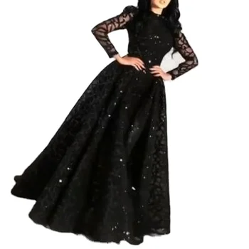 2022 new design Ladies Lace evening gown black sequin ball gown elegant long-sleeved evening dress