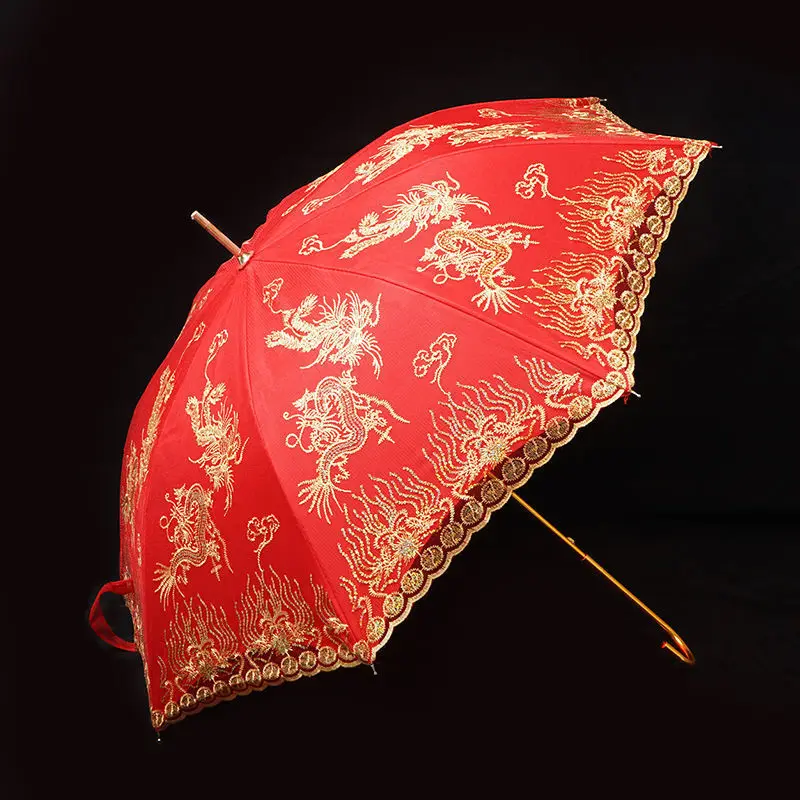 DD2045 Vintage Chinese Wedding Red Parasol Photo Props Decor Gold Thread Parasol Engagement Girls Bride Dowry Marry Umbrella