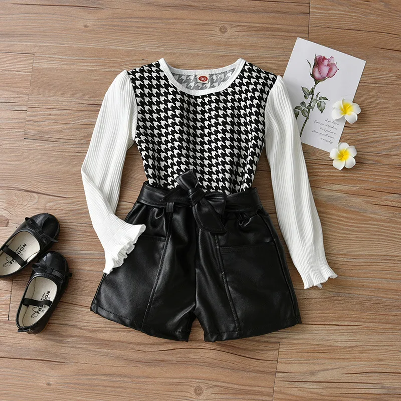 Autumn fashion kids girls 2pcs clothes sets 1-6Y plaid knit tops+PU leather solid shorts boutique outfits for girls