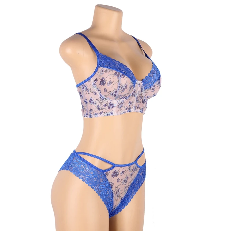 Blue Hot Selling Sexy Lingerie Underwire Bra Brief Sets Floral Lace