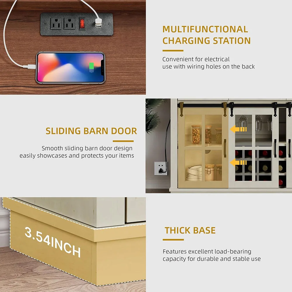 Antique Modern Wood Wine Bar Cabinet with Power Outlet 53" Living Room Storage Cabinet Featuring Wine & Glass Racks factory