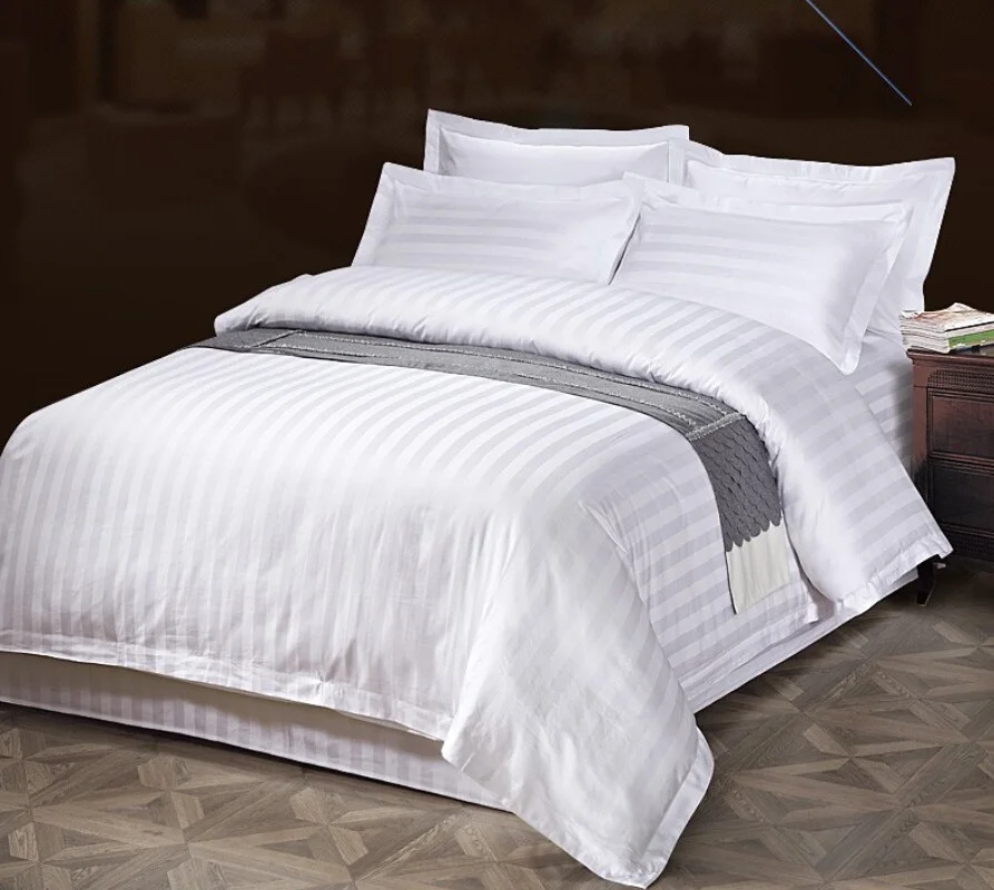 Hotel Bedding Linen Luxury 100% Cotton 250TC White Satin Stripe Duvet Cover Flat Bedding Sheet Set