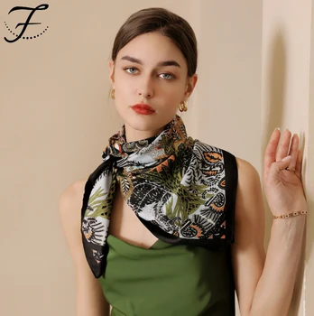 FIONA Custom 2022New Women Digital Printing Satin Pure Silk Scarf 90*90 Cm Hair Square Polyester Scarves Ladies