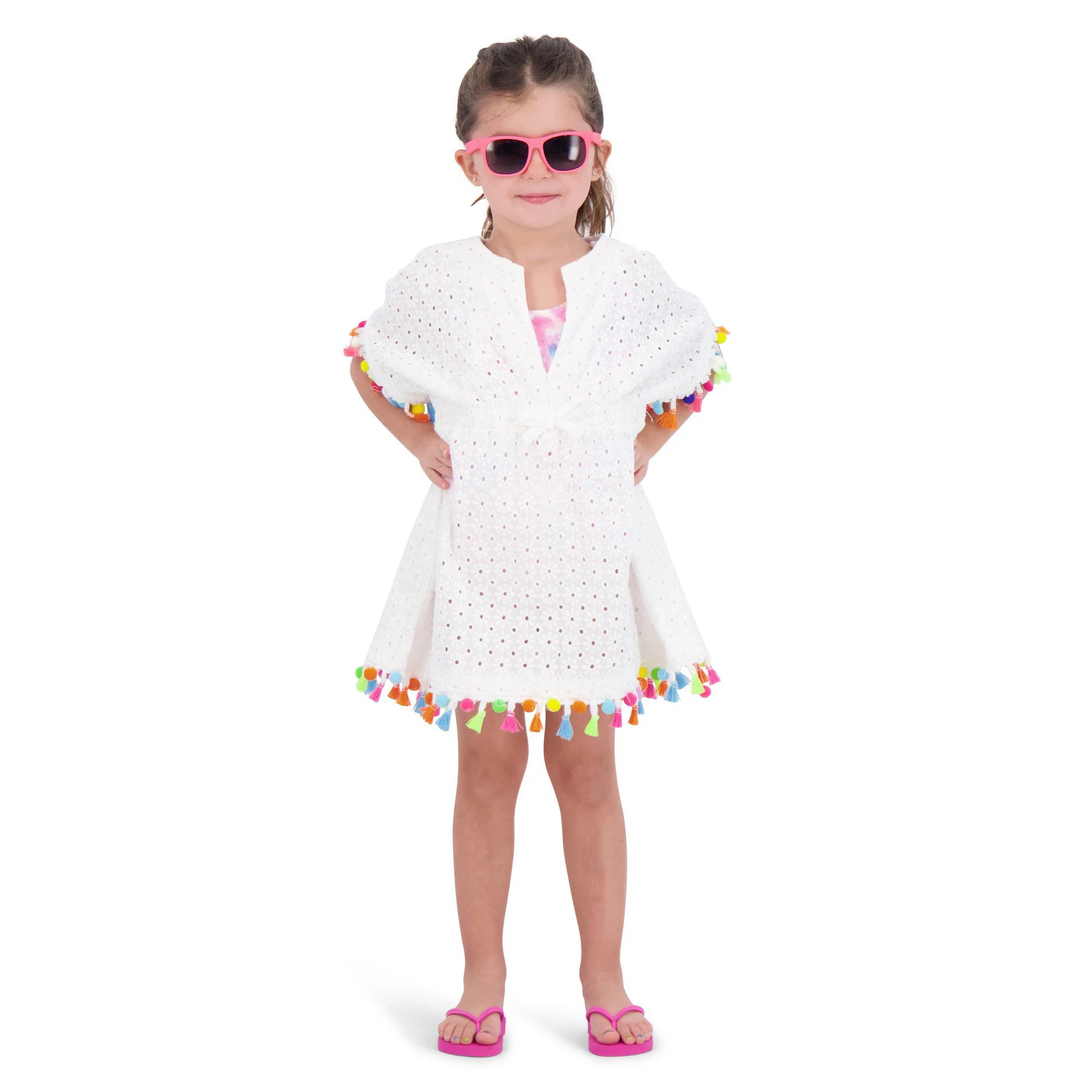 Guangzhou brand toddler girls dresses 6 to 14 years cotton eyelet korean dress summer with colorful tassel at bottom and cuff