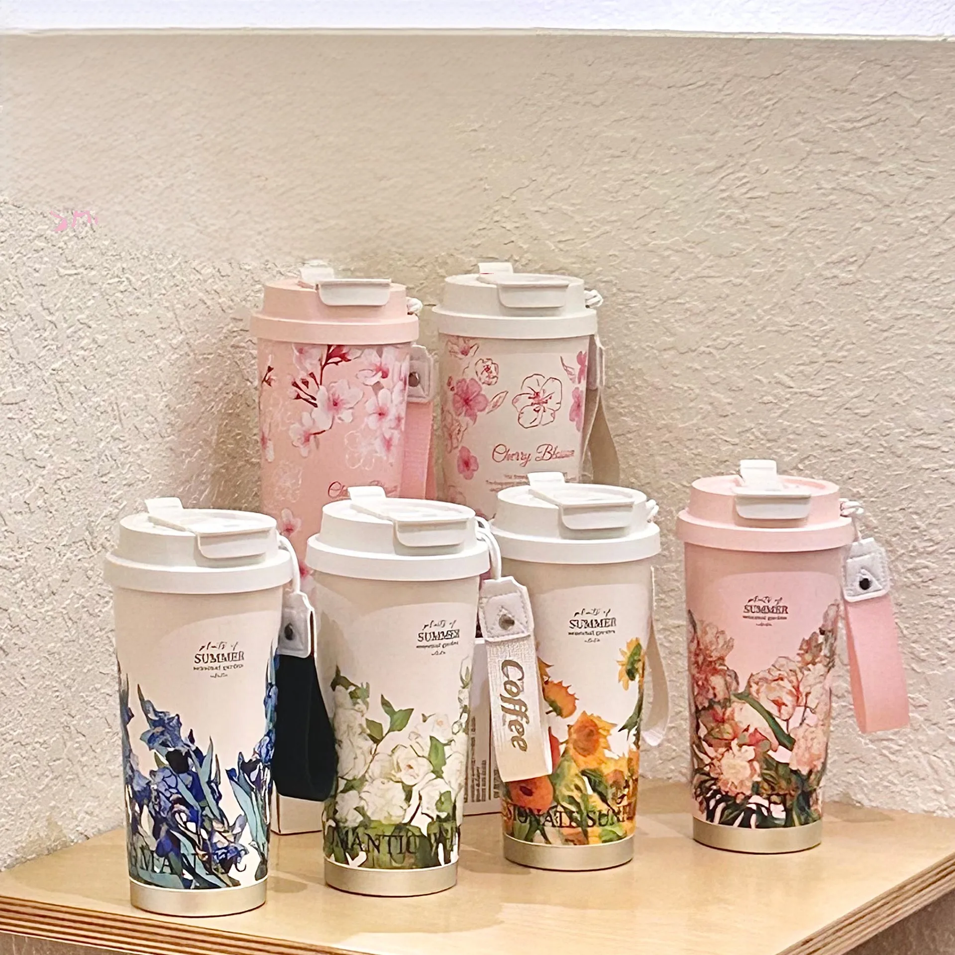 500ml customizable pattern flower pink sunflower water Cup 304 stainless steel coffee outdoor student thermos turmble