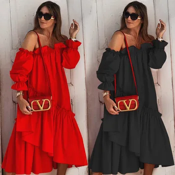 2022 Women elegant Casual Dresses Fashion Plus Size Sundress Off Shoulder Irregular Ruffle Beach Red sexy Dress