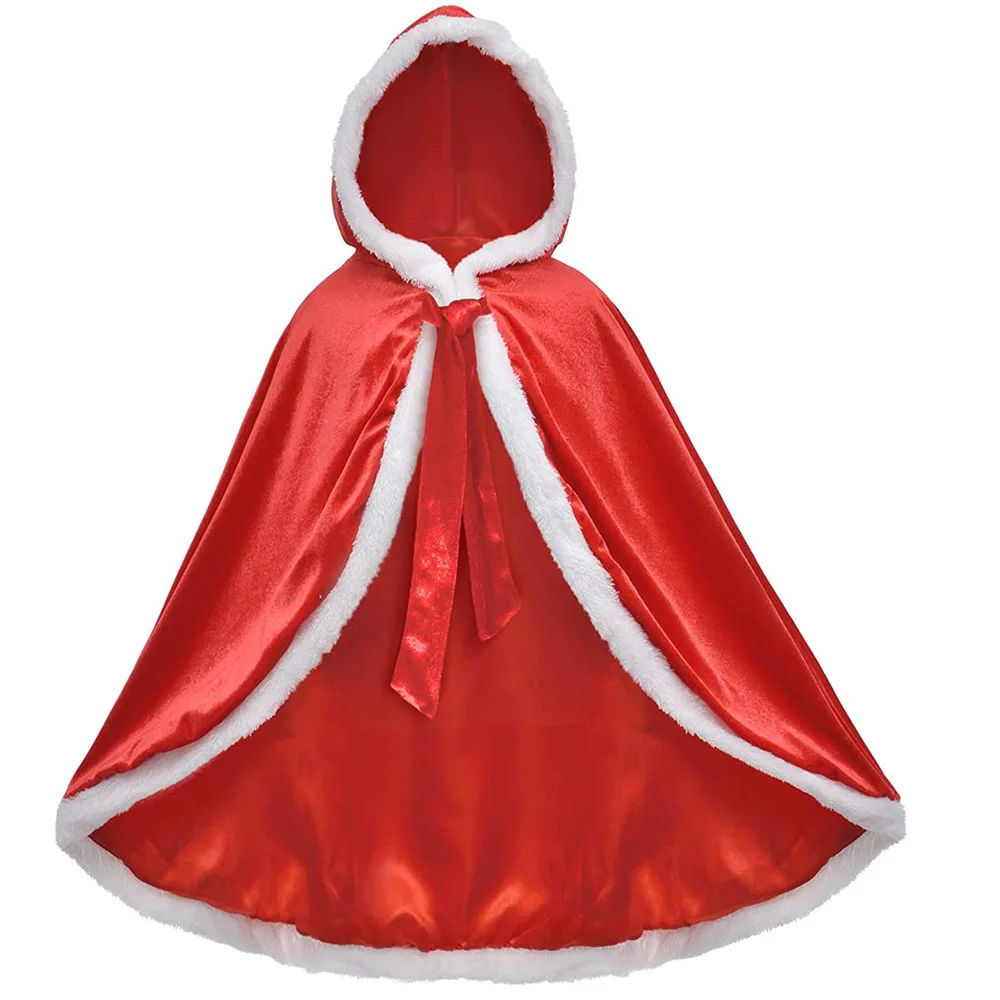 Baby Christmas Cloak Toddler Kids Hooded Velvet Cape with Fur Mrs Santa Claus Robe Christmas Fancy Dress-up Costume 