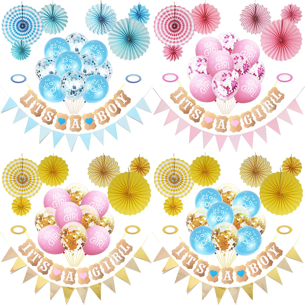 Baby Shower Party Decoration Set Pink Blue Paper Fan Oh Baby Banner Latex Balloon Set Gender Reveal Party Decoration