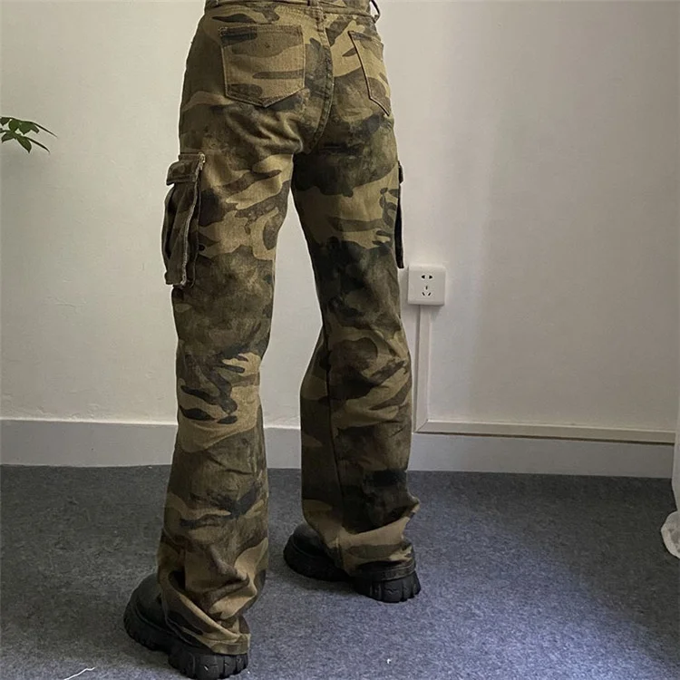 Camouflage Jeans Woman High Waist 2023 Trend Trousers Fashion Cargo Y2k Straight Pants