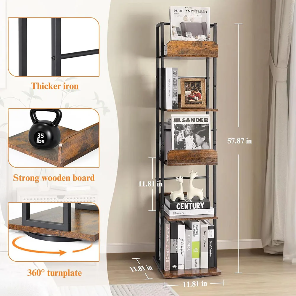 Modern 360 Display Spinning Ladder Shelf 5-Tier Narrow Tall Bookcase Small Corner Living Room Book Shelves manufacture