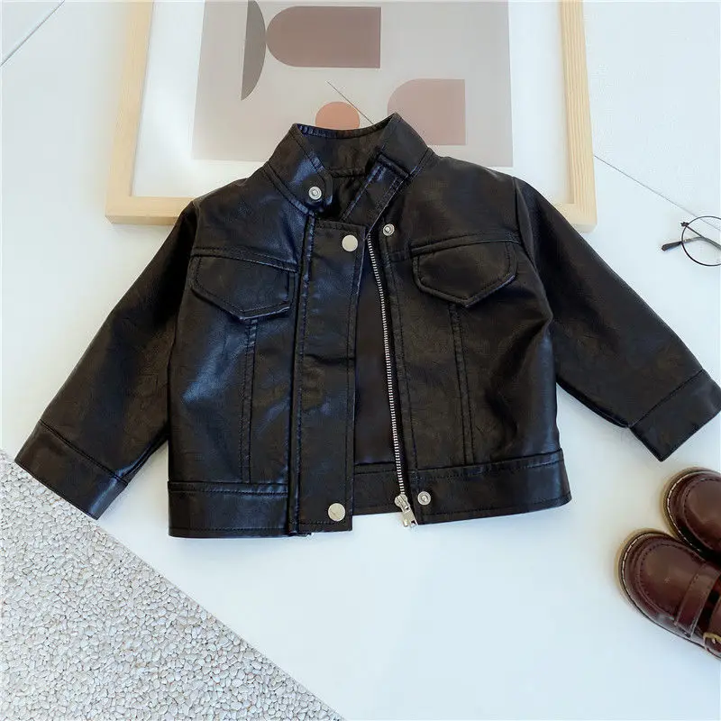 Wholesale children classic black biker jackets kids PU coats little baby boys girls leather jackets outwear for boys