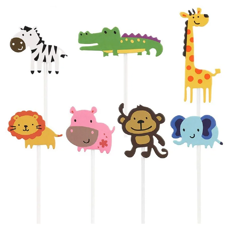 7-piece Set Giraffe Monkey Lion Elephant Cake Insert Card Animal Theme Baby Birthday Party Decoration