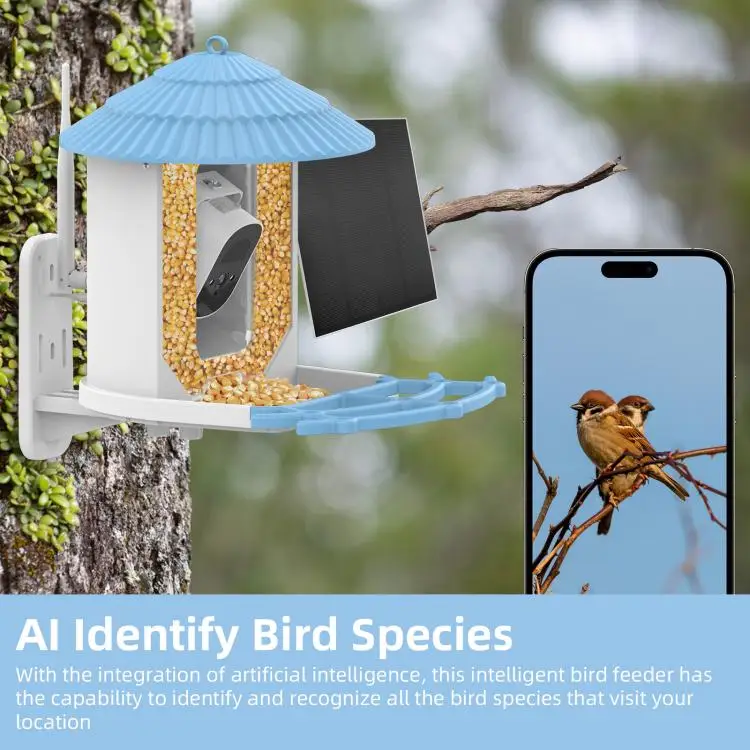 Smart Bird Feeder with Camera + Solar Panel AI Identify Bird Species PIR Motion Detection Two-Way Audio APP Control 2.4G WiFi 4M
