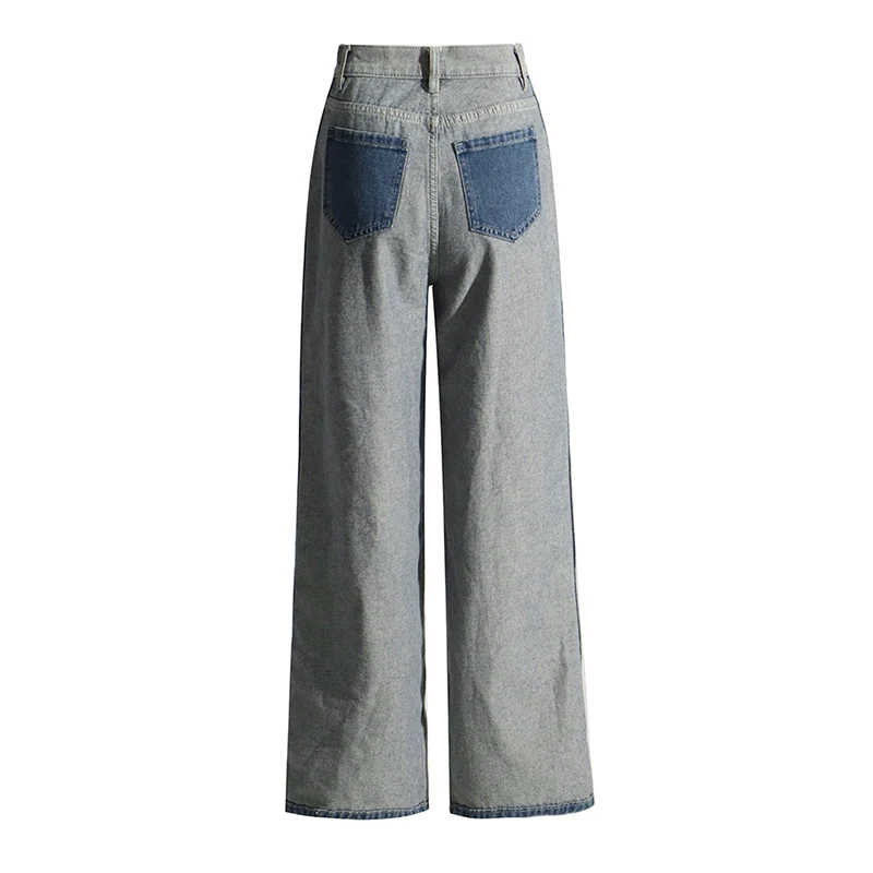 TWOTWINSTYLE High Waist Jean Full Length Patchwork Pockets Straight Wide Leg Women Denim Pants Lady Jeans