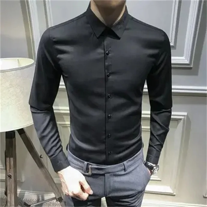 Smooth And Elastic Men's Shirts 2024 High Quality Long-sleeved Turn Down Collar Button Blouse Office Casual Business Fit Tops