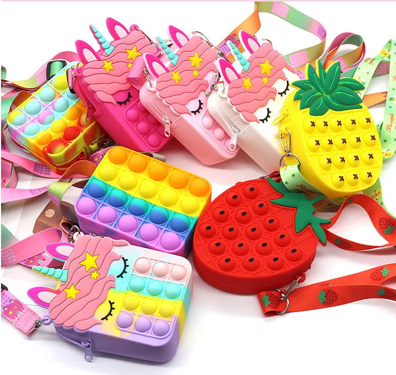 New Arrivals Push Bubble Popper Fidget Toy Bag Rainbow Silicone Stress Reliever Handbag Zipper Sensory Toy Fidget Bag