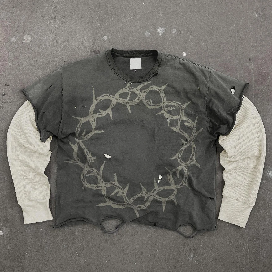 Custom Men Screen Printing Raw Hem Vintage Distressed Acid Washed Graphic Tees t Shirt Double Layer Long Sleeve T-shirt supplier